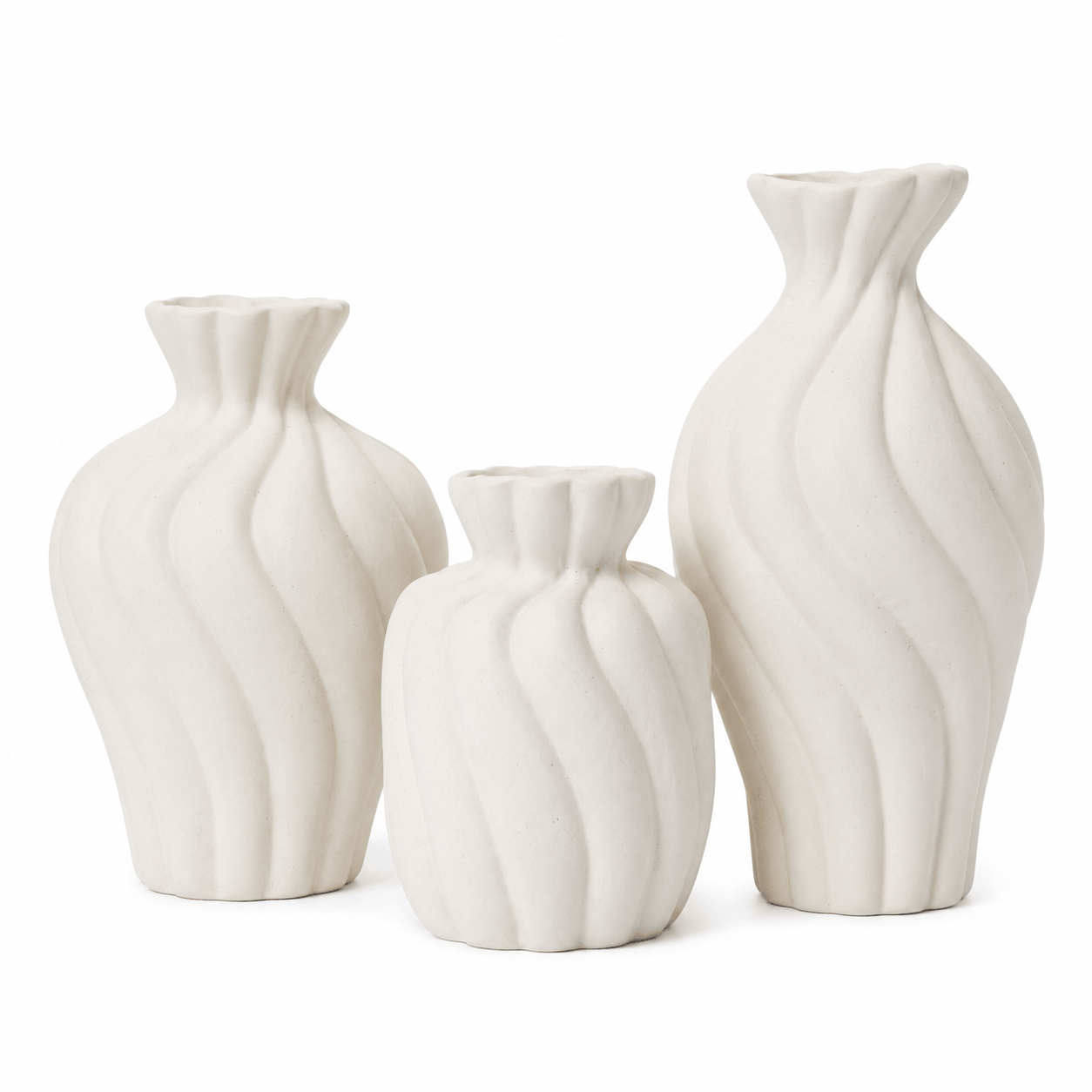 White wavy 3-piece ceramic bud vase set on a clean white background.