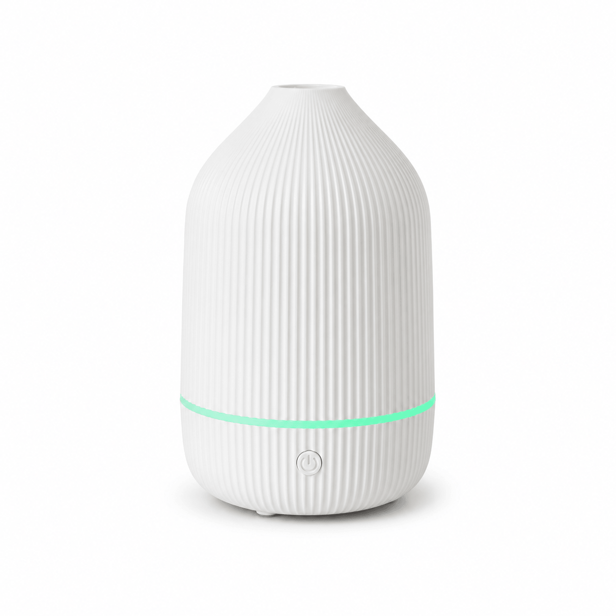 White ribbed aroma diffuser with soft ambient light on a white background