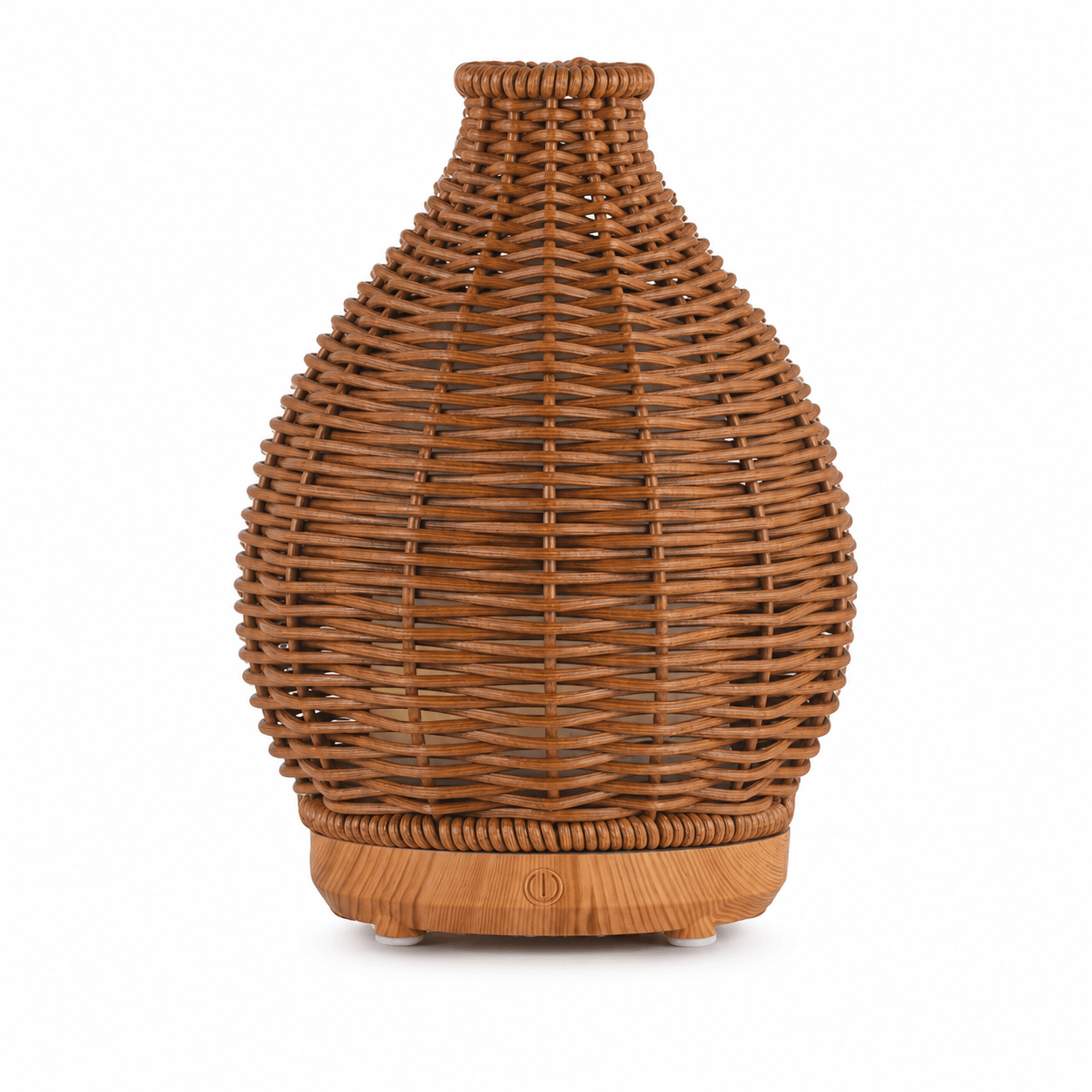 Natural wood boho aroma diffuser with woven texture on a white background.