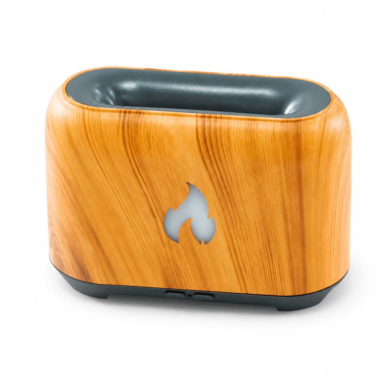 Wood grain flame aroma diffuser front view on a white background.