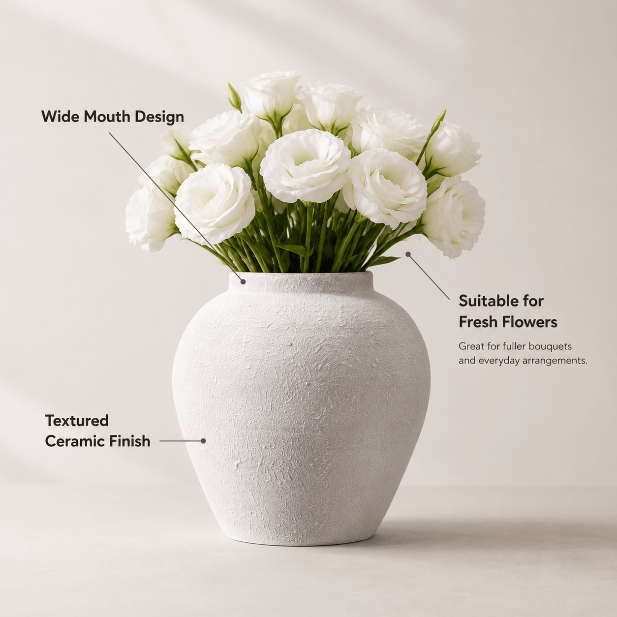 White textured ceramic vase feature guide showing wide mouth design and suitability for fresh flowers.