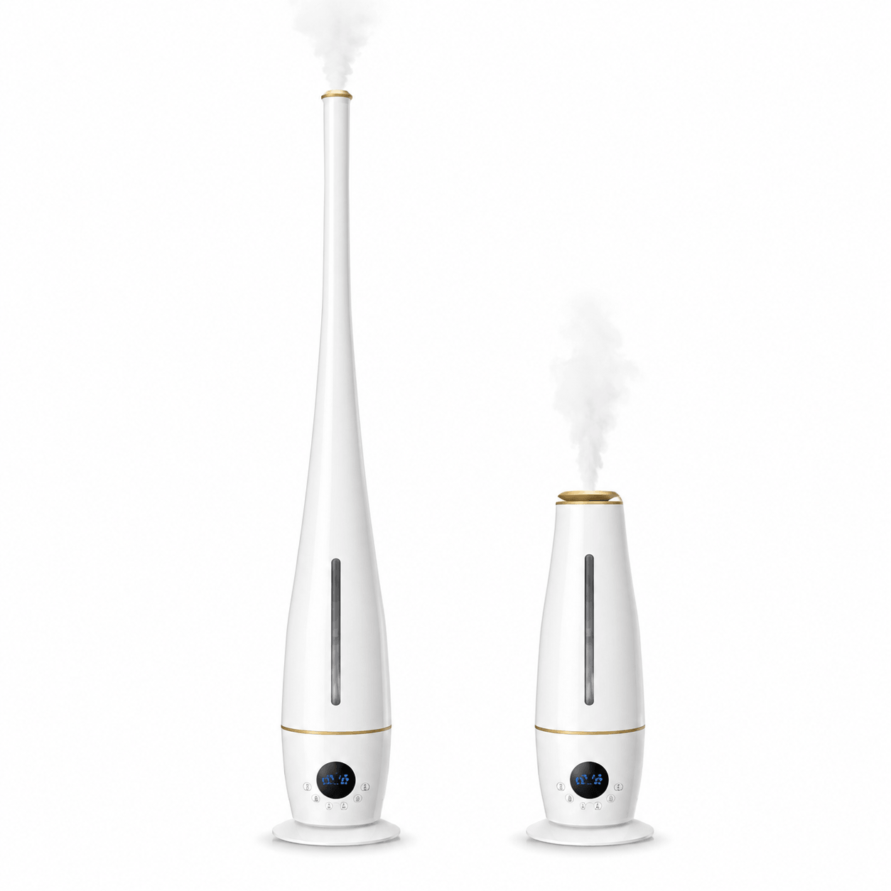Smart 2-in-1 cool mist humidifier shown in tall floor mode and short desktop mode on a white background.