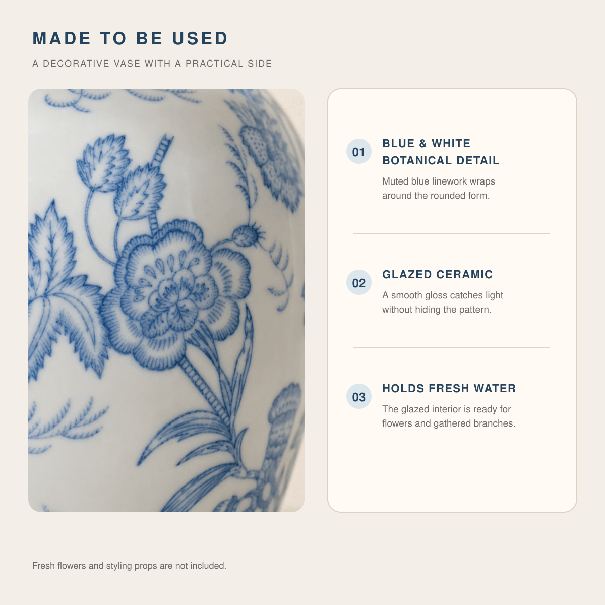 Blue and white ceramic vase features including botanical detail, glazed finish, and fresh water use