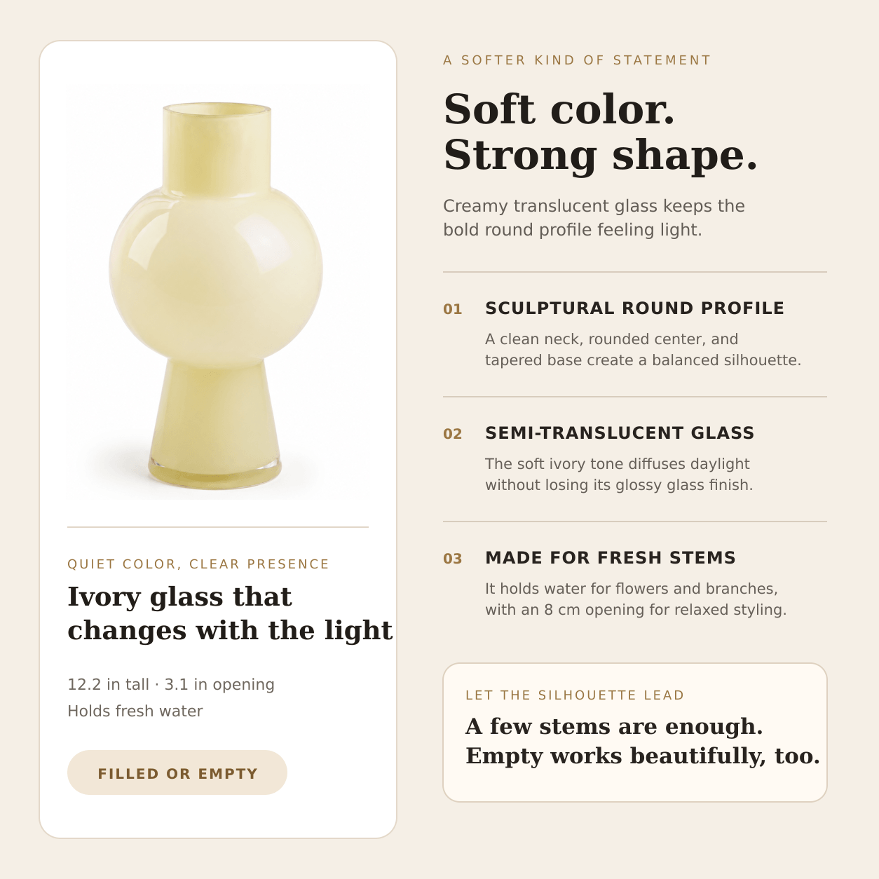 Tall ivory glass vase features including sculptural profile, translucent finish, and fresh water use