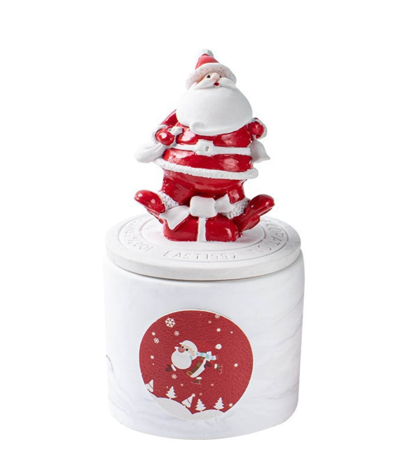 An adorable Santa Claus-shaped scented candle, dressed in a festive red robe.