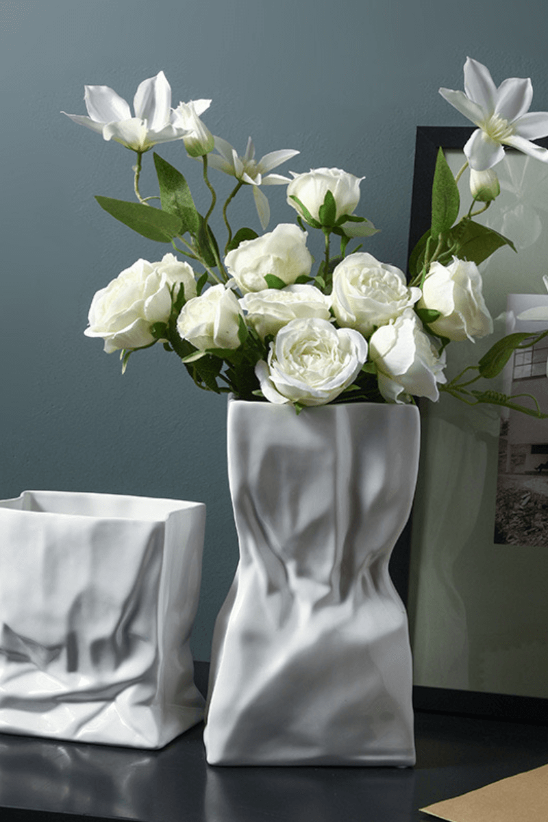 Folds of Elegance: Boho-Chic White Ceramic Vase