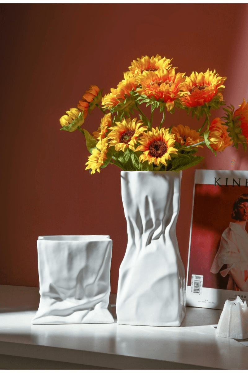 Folds of Elegance: Boho-Chic White Ceramic Vase