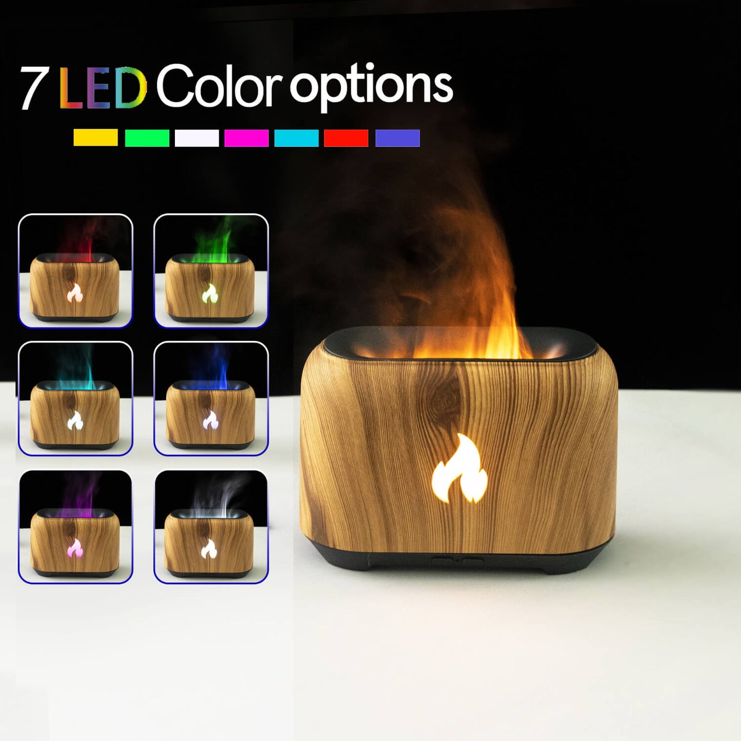 Add a touch of natural charm with our Colorful Flame Aroma Humidifier in light wood.