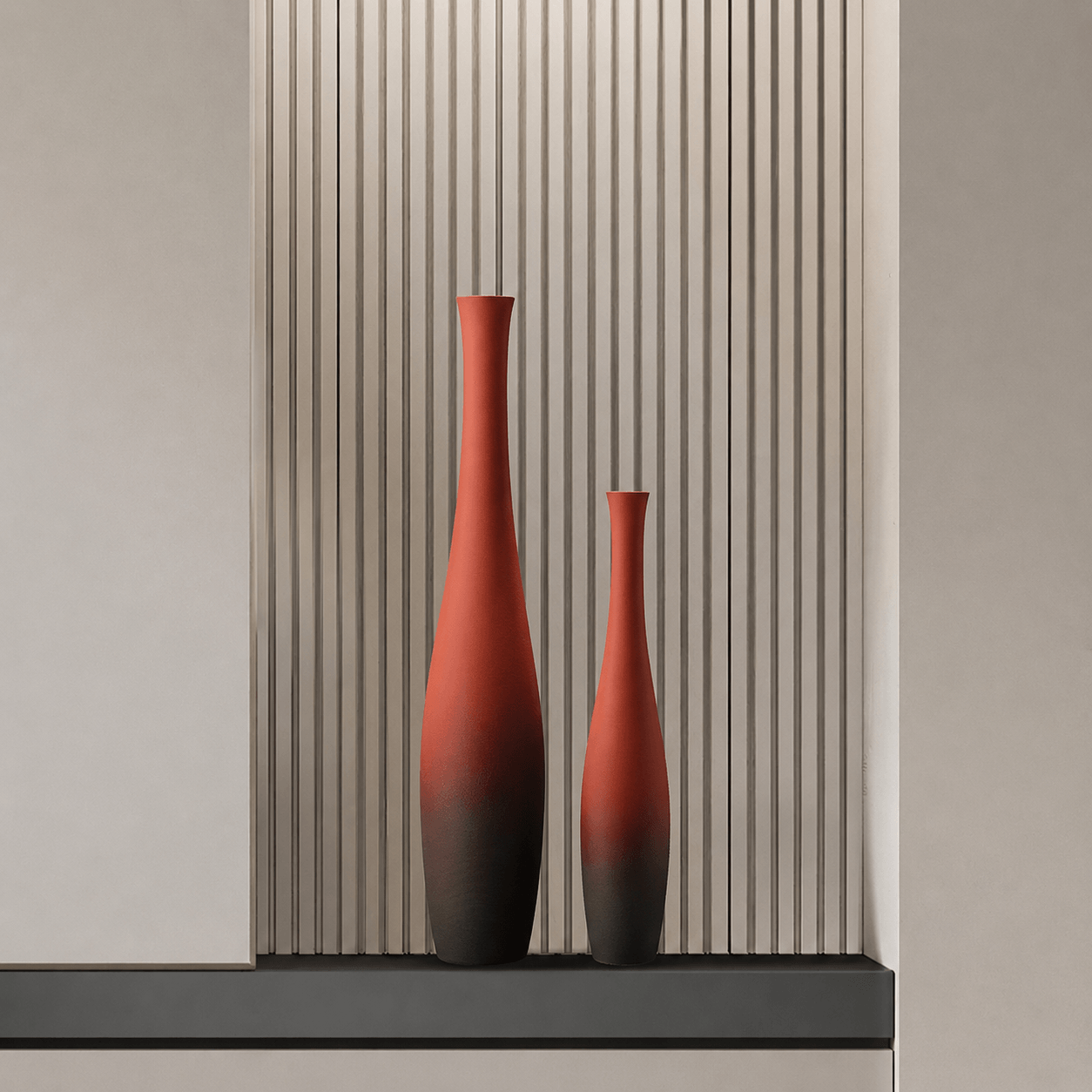 Matte terracotta floor vase set with large and small decorative vases for modern interior decor.