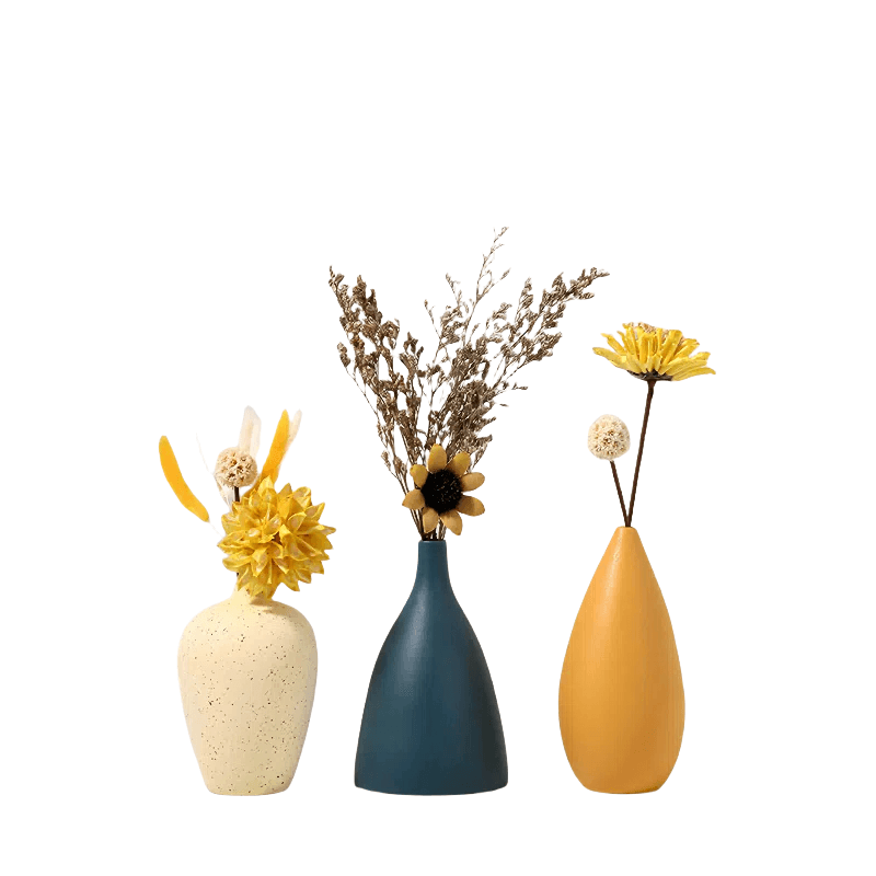 Jarrón de cerámica minimalista con arte moderno en amarillo y azul