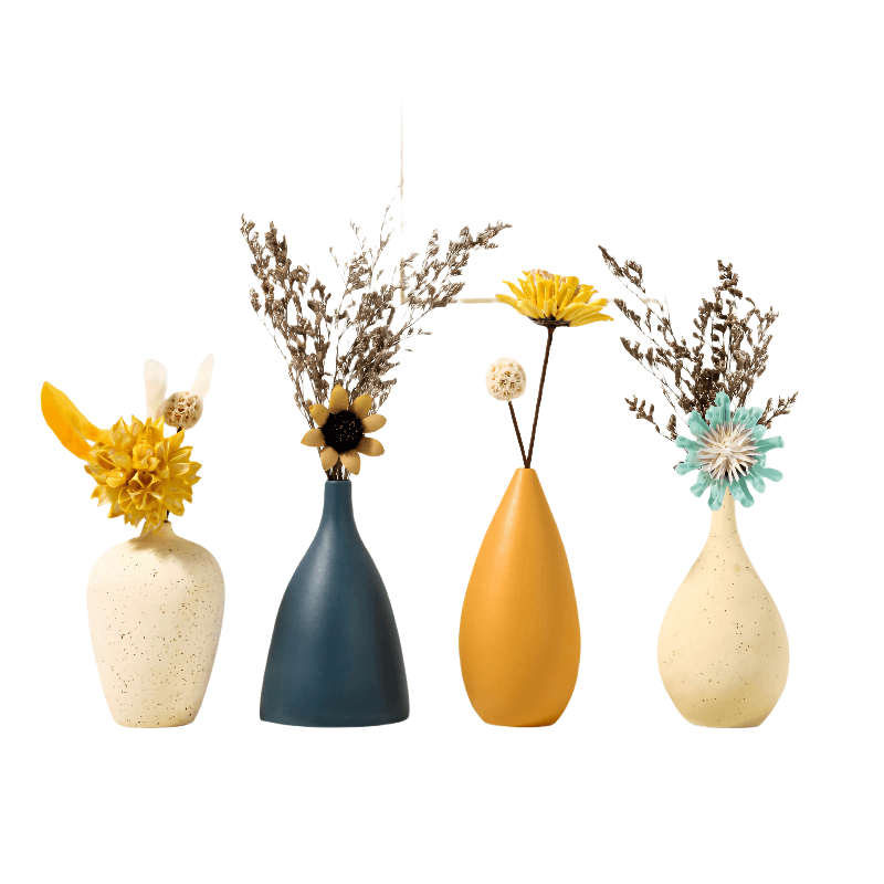 Jarrón de cerámica minimalista con arte moderno en amarillo y azul