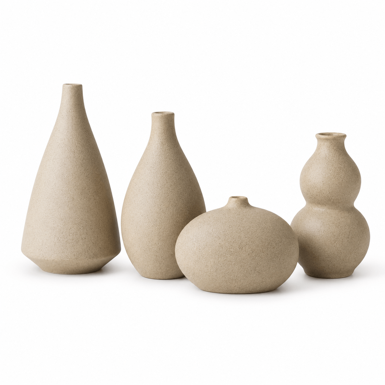 Four-piece decor vase set on a white background with tall, rounded, and sculptural ceramic shapes.