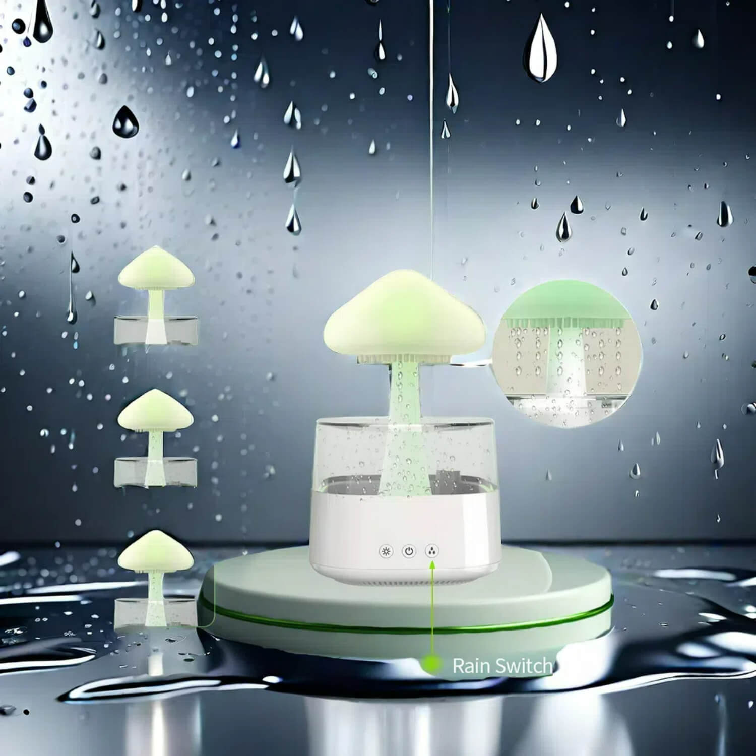 Rain Cloud Diffuser with ambient light, offering a calming visual experience.