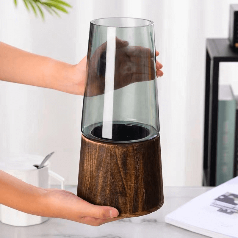 Vintage-Style Glass Vase with Wooden Base - Detail View: Close-up of the detachable wooden base, showcasing the perfect fusion of high-quality handcrafted materials.