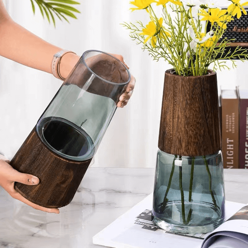 Vintage-Style Glass Vase with Wooden Base - Side View: Sturdy and easy-to-clean thickened base design ensuring durability, with a smoothly polished rim for a gentle touch.