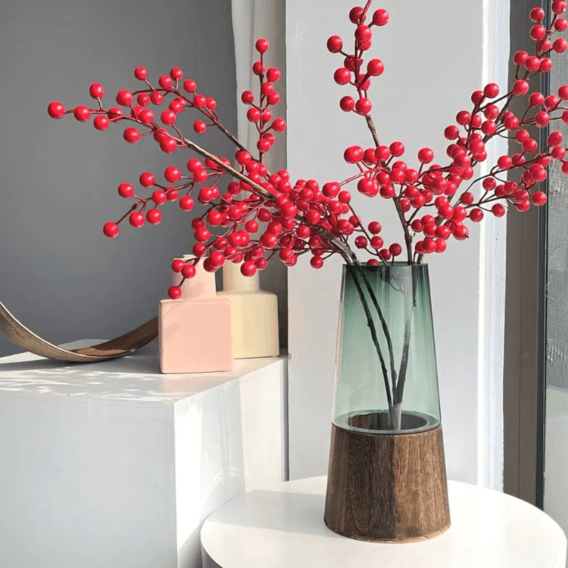 Vintage-Style Glass Vase with Wooden Base - Top View: Heightened wooden base providing stability for arranging flowers, highlighting the crystal-clear glass body.