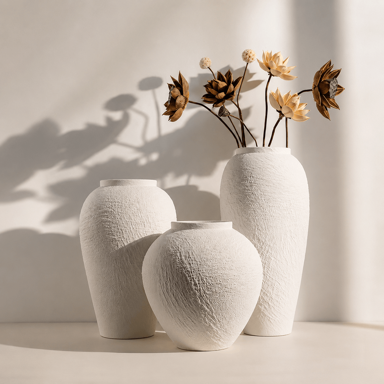 White textured vase set styled with dried flowers in soft natural sunlight