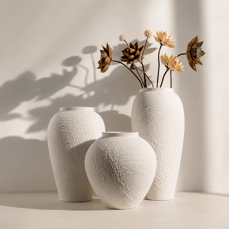 White textured vase set styled with dried flowers in soft natural sunlight