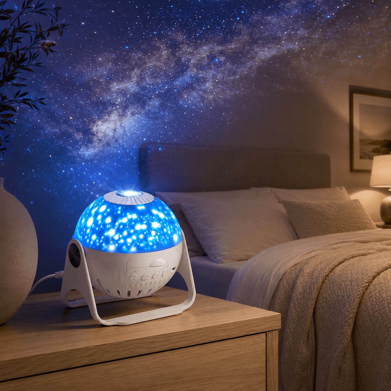 2026 galaxy projector casting a Milky Way scene across a modern bedroom wall and ceiling