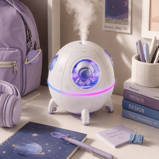 Astronaut humidifier on a study desk with books and school supplies