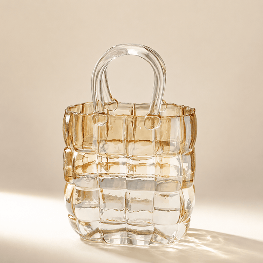Warm clear basket-weave glass handbag vase on a softly lit neutral background