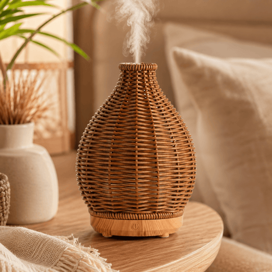 Natural wood boho aroma diffuser with soft mist in a cozy neutral room setting.