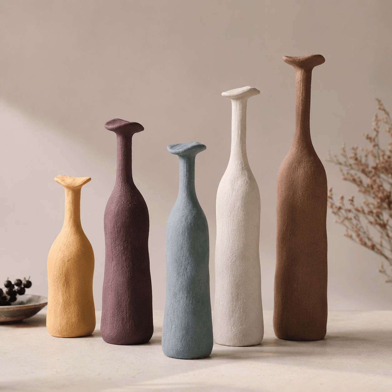 Colorful narrow-neck ceramic vase collection displayed together in five colors.