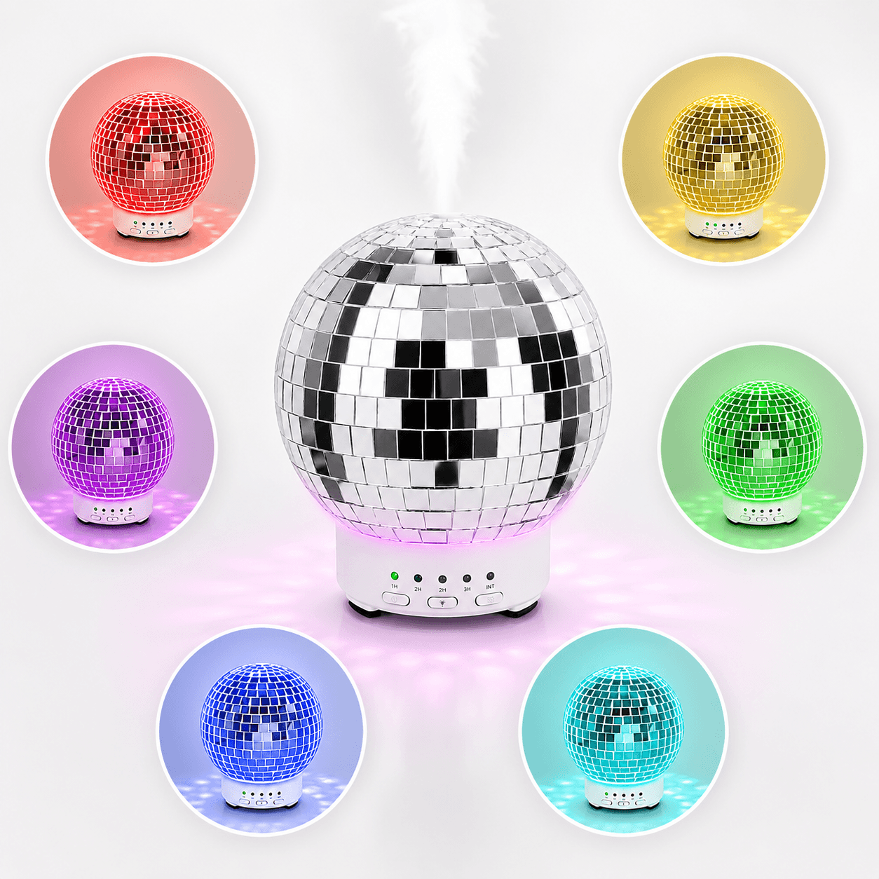 Disco ball humidifier with 7 color ambient light options on a white background