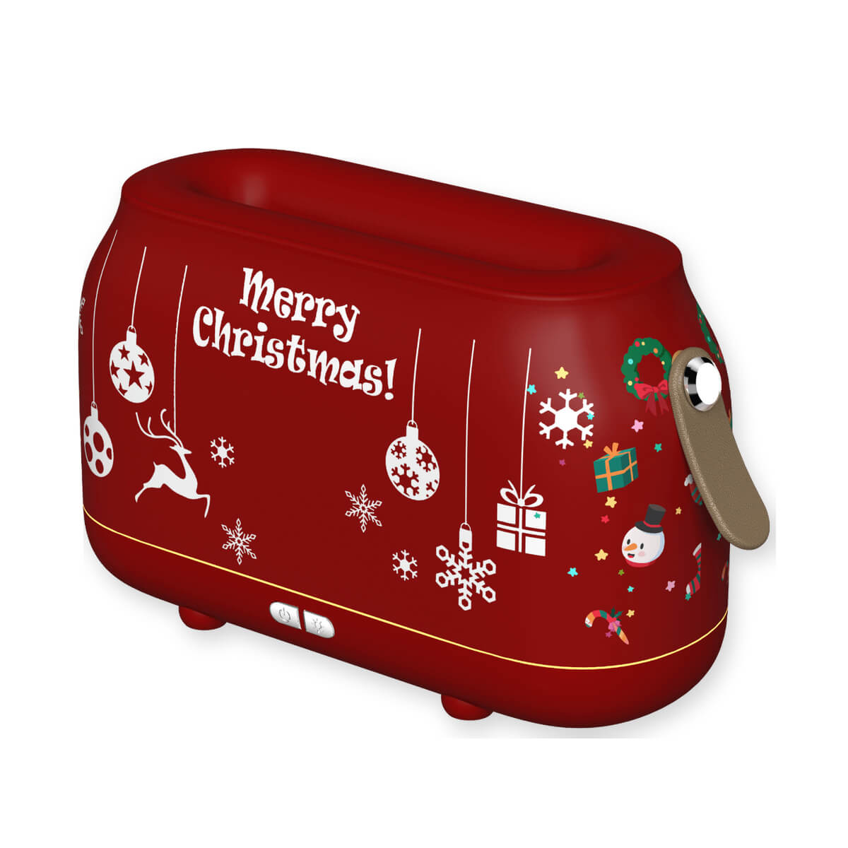 Christmas red flame aroma diffuser with festive holiday pattern on a white background.