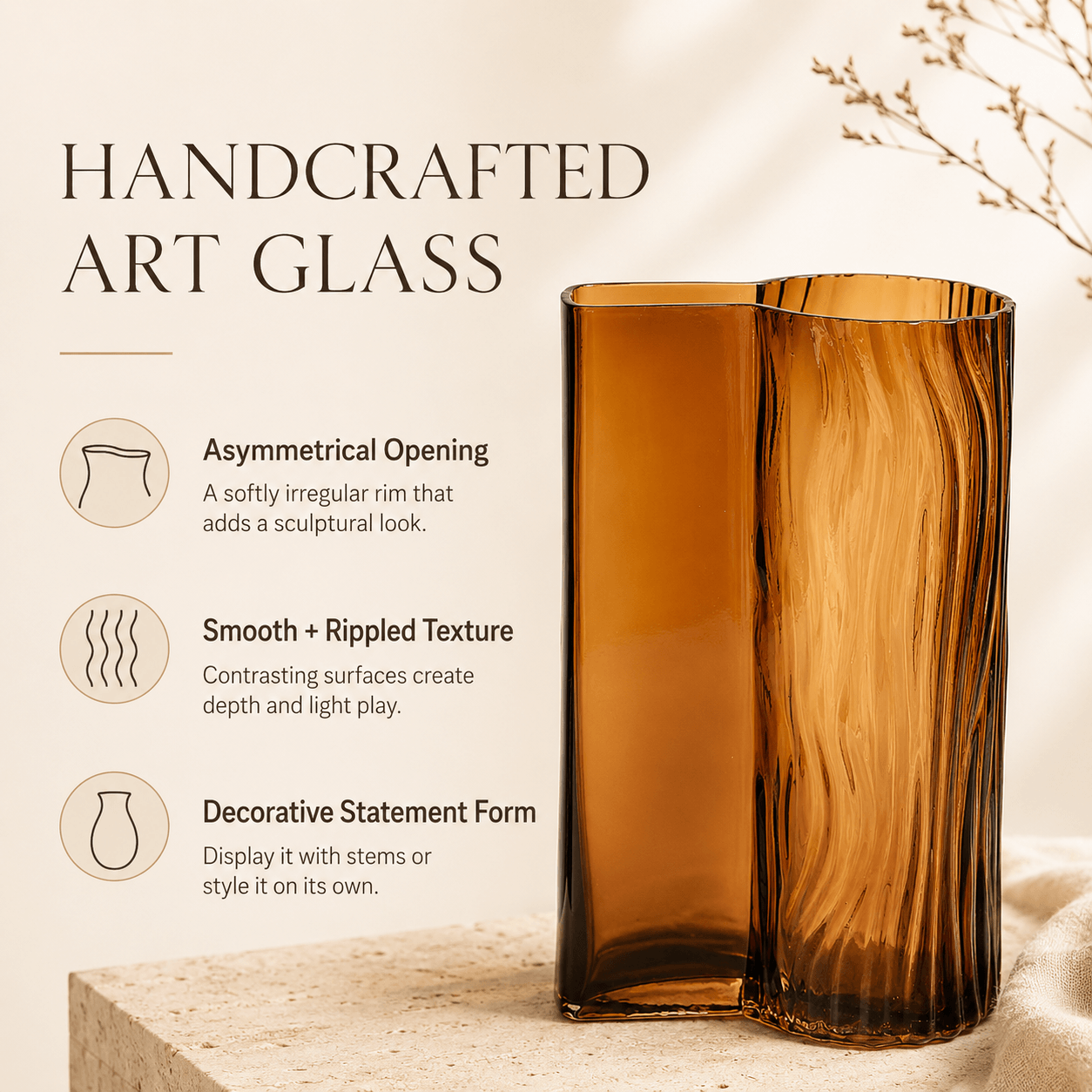 Modern textured glass vase with asymmetrical form and decorative art glass design
