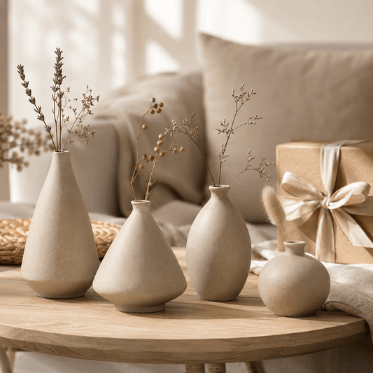 Natural clay ceramic vase gift set styled for a small shelf or table.