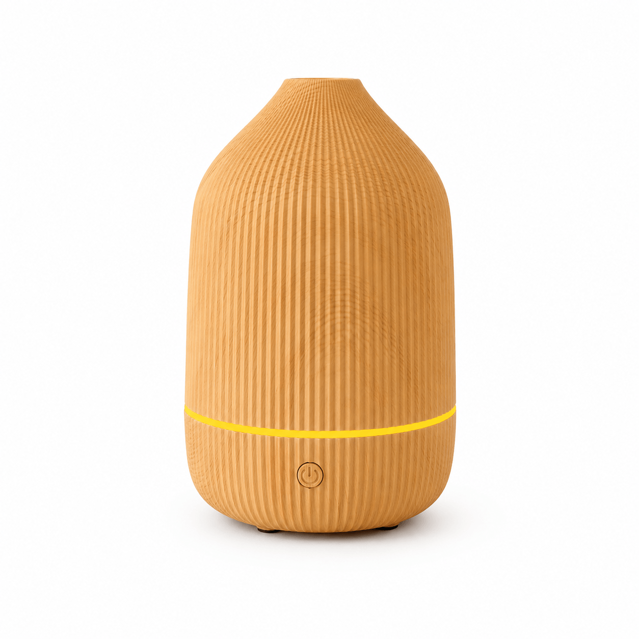 Wood grain ribbed aroma diffuser with warm ambient light on a white background