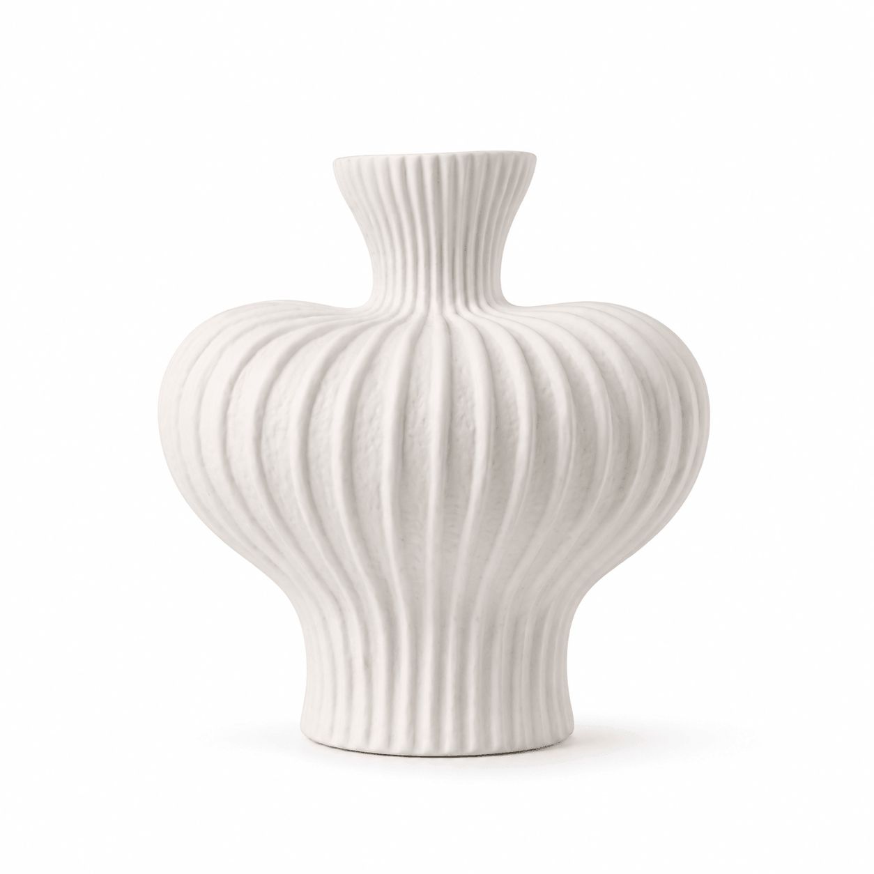 Soft White small ribbed ceramic vase with sculptural rounded shape