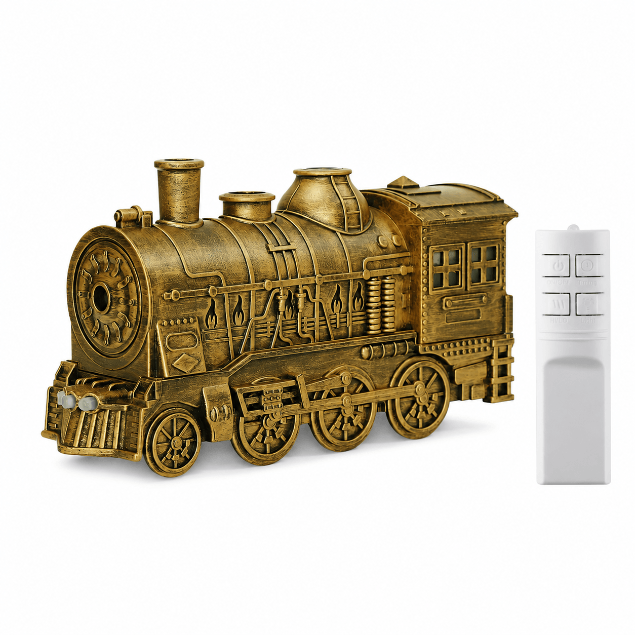 Antique gold train aroma diffuser with remote on a white background