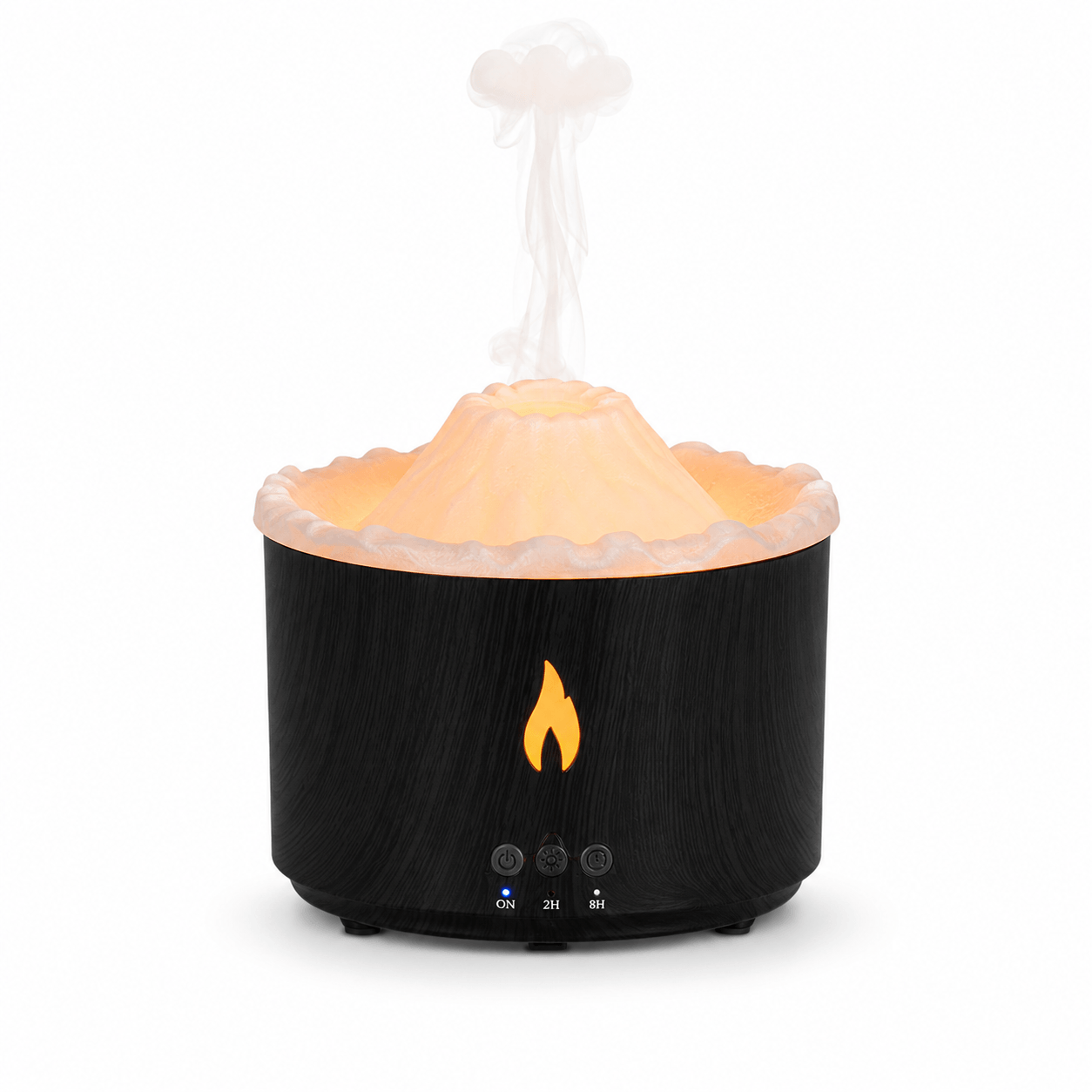 Black wood grain volcano aroma diffuser with flame light, timer buttons, and soft mist.