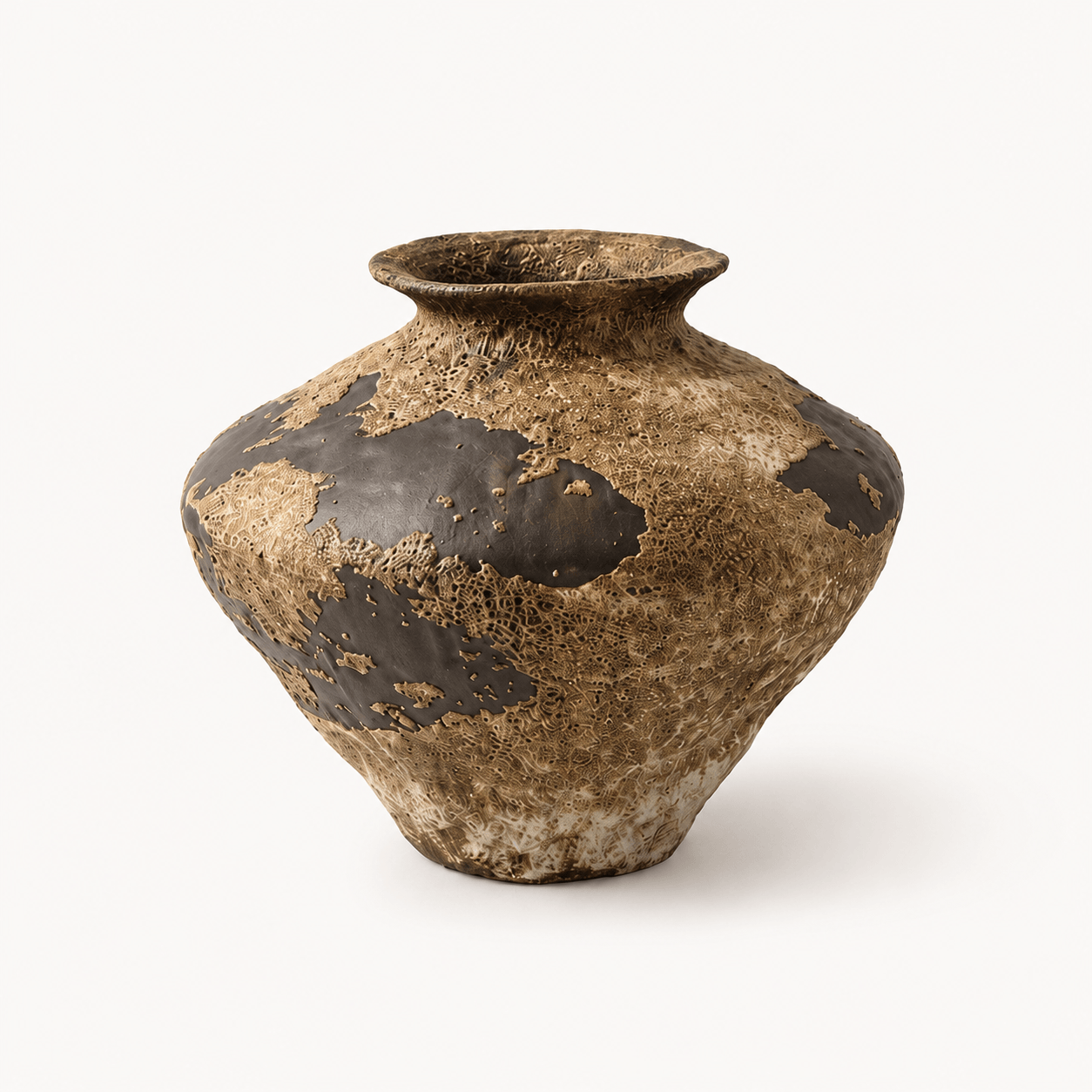 Small low rounded wabi-sabi ceramic vase with rustic textured finish
