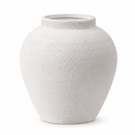 White textured wide-mouth ceramic vase on a clean white background.