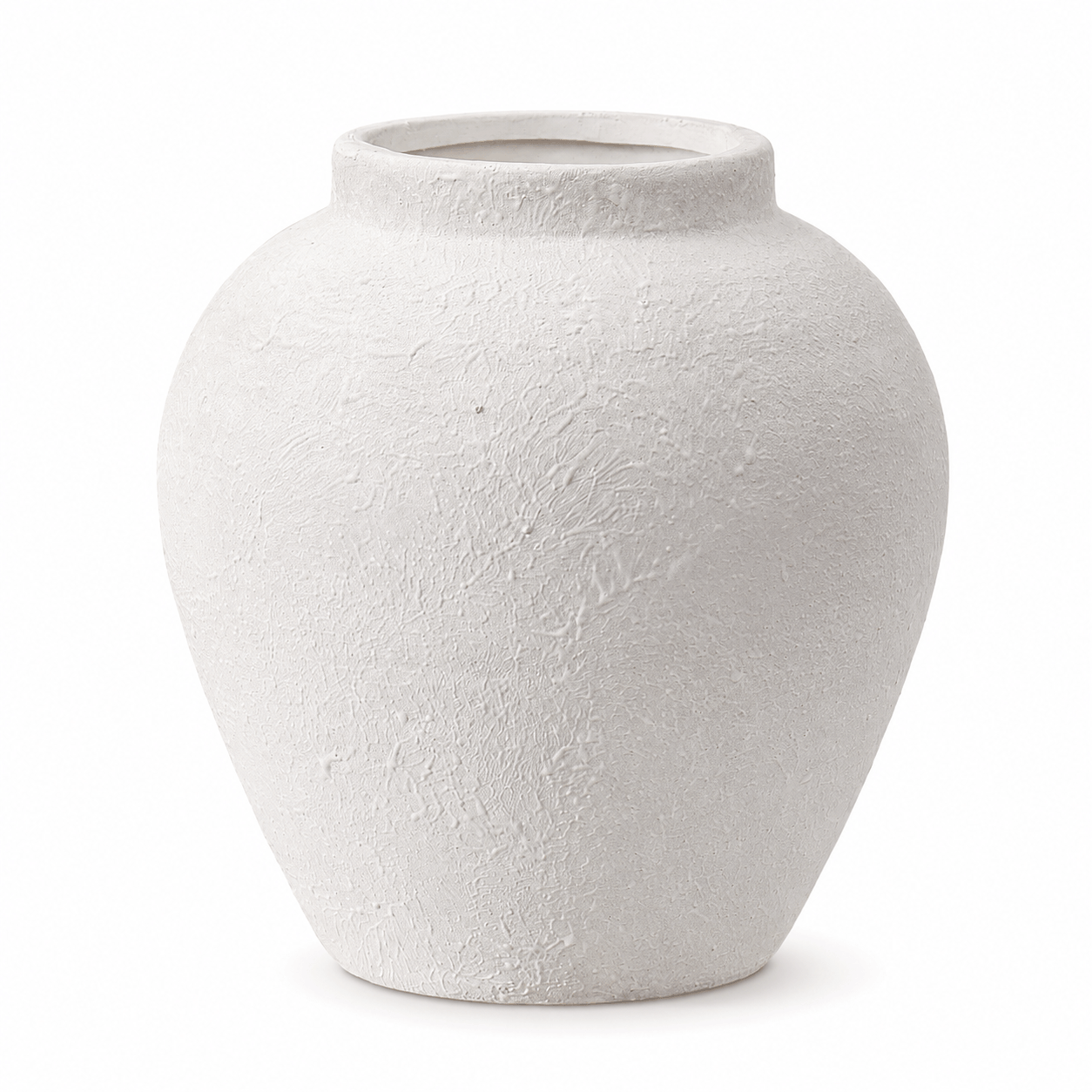 White textured wide-mouth ceramic vase on a clean white background.
