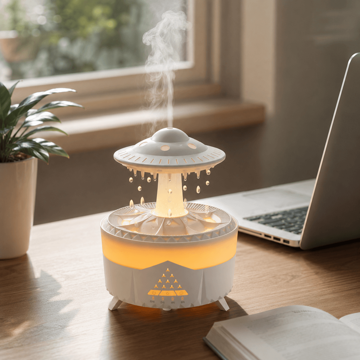 White UFO raindrop diffuser on a desk with soft mist and ambient light