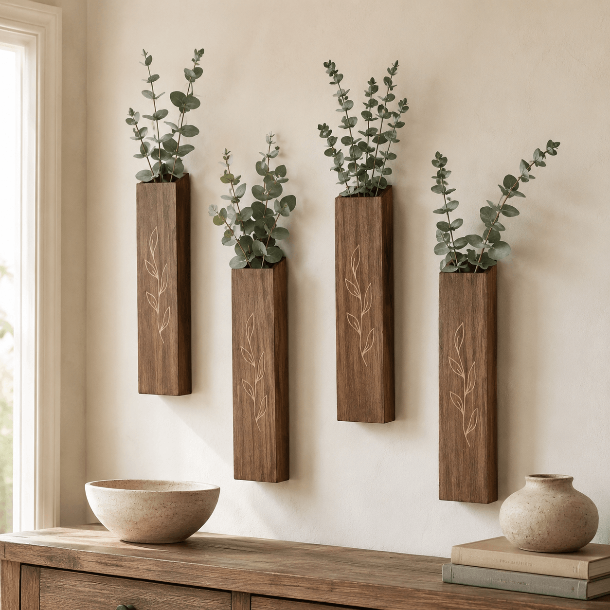 4-piece wooden wall pocket vase set with eucalyptus stems displayed on a warm neutral wall.