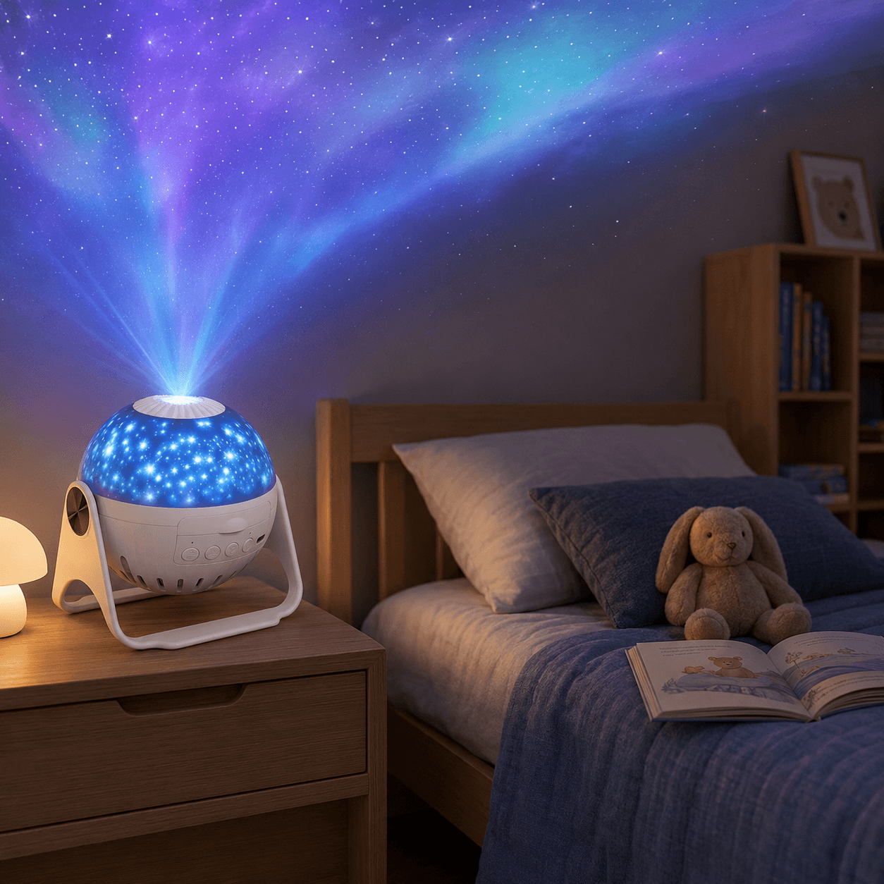 Galaxy projector creating blue and violet stars in a cozy kids bedroom with books and a plush toy