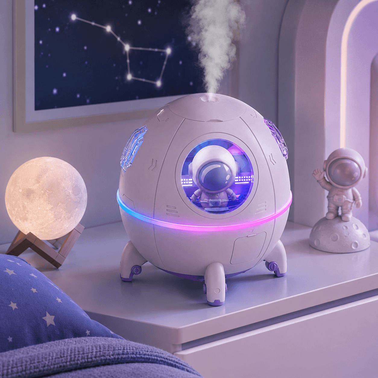 Astronaut humidifier glowing beside a bed in a cozy night bedroom
