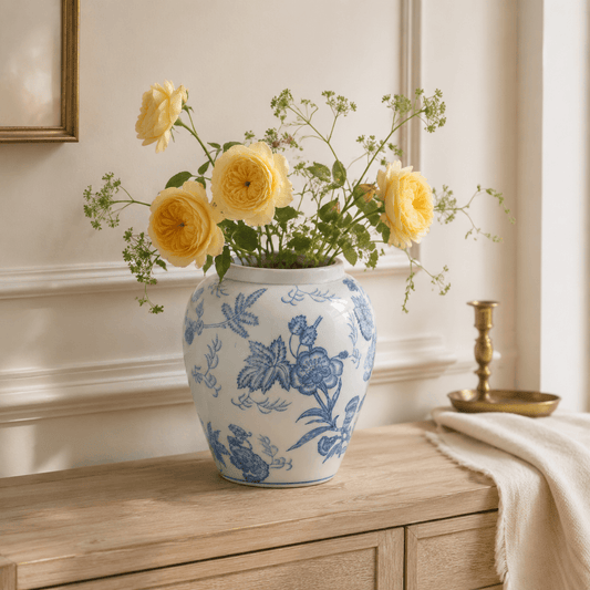 Blue and white ceramic vase holding yellow garden roses on a light wood console