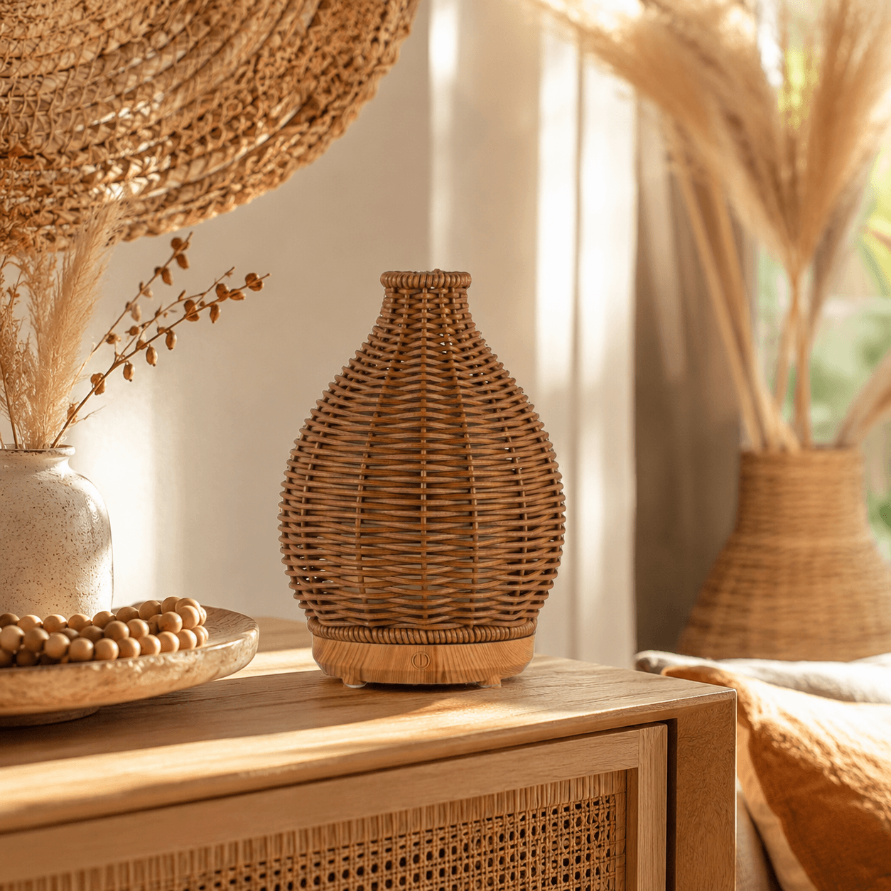 Natural wood boho aroma diffuser styled with warm woven decor and soft natural light.