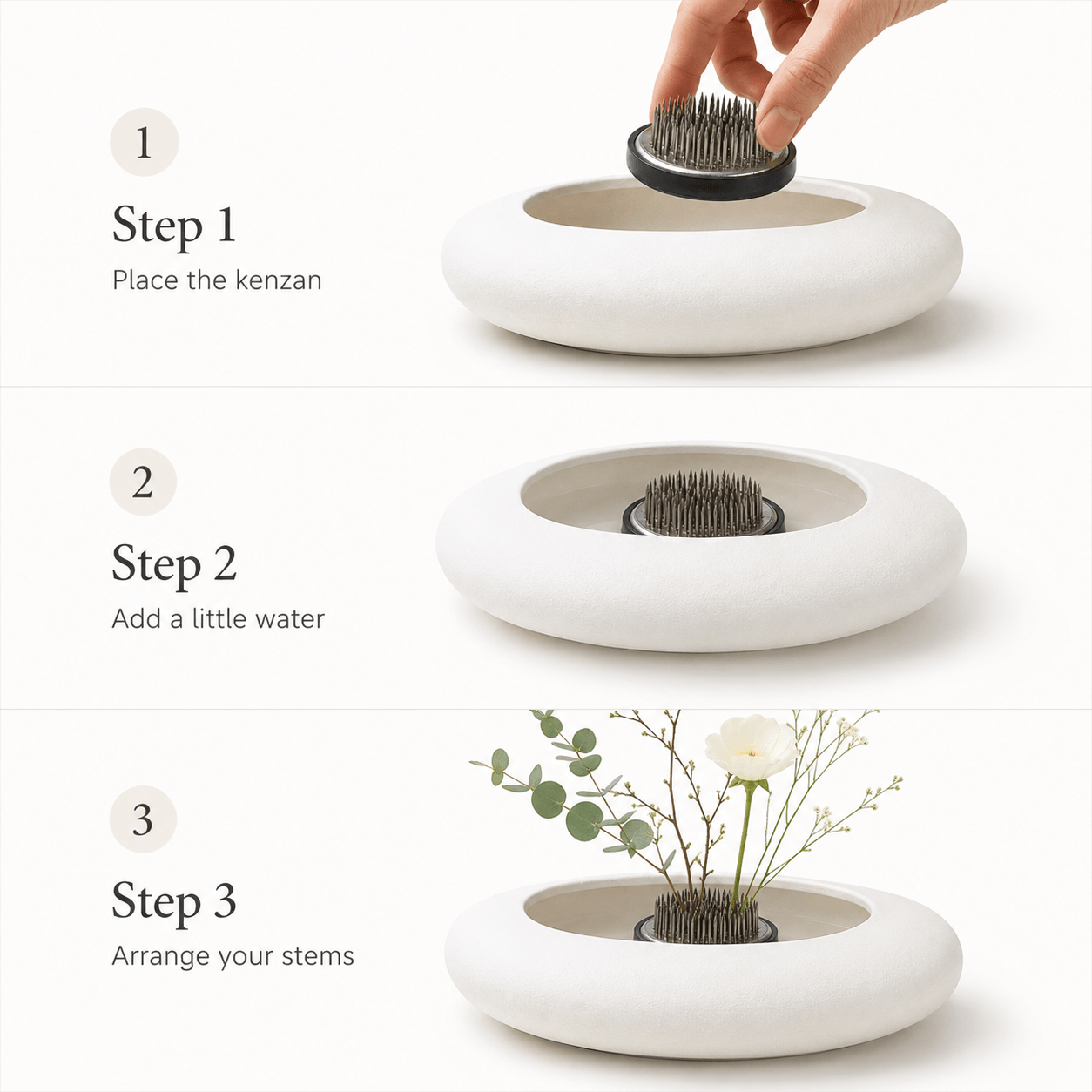 Step-by-step guide showing how to place the kenzan, add water, and arrange stems in the ceramic flower bowl.