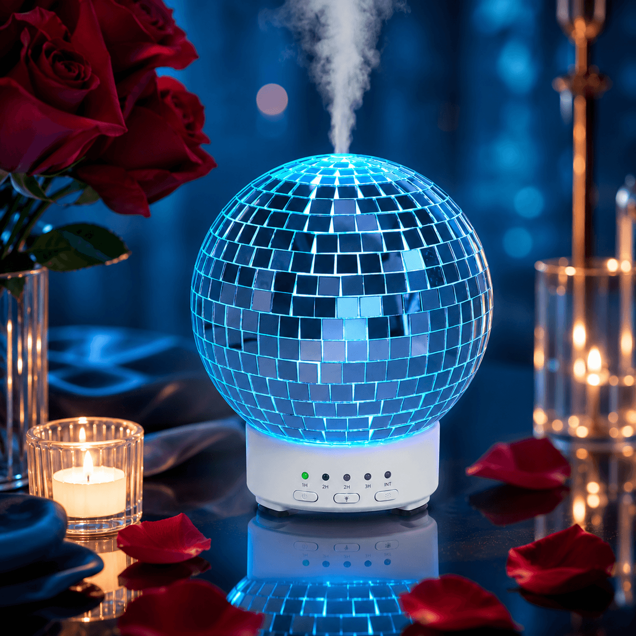 Blue disco ball humidifier with soft mist in a romantic tabletop setting