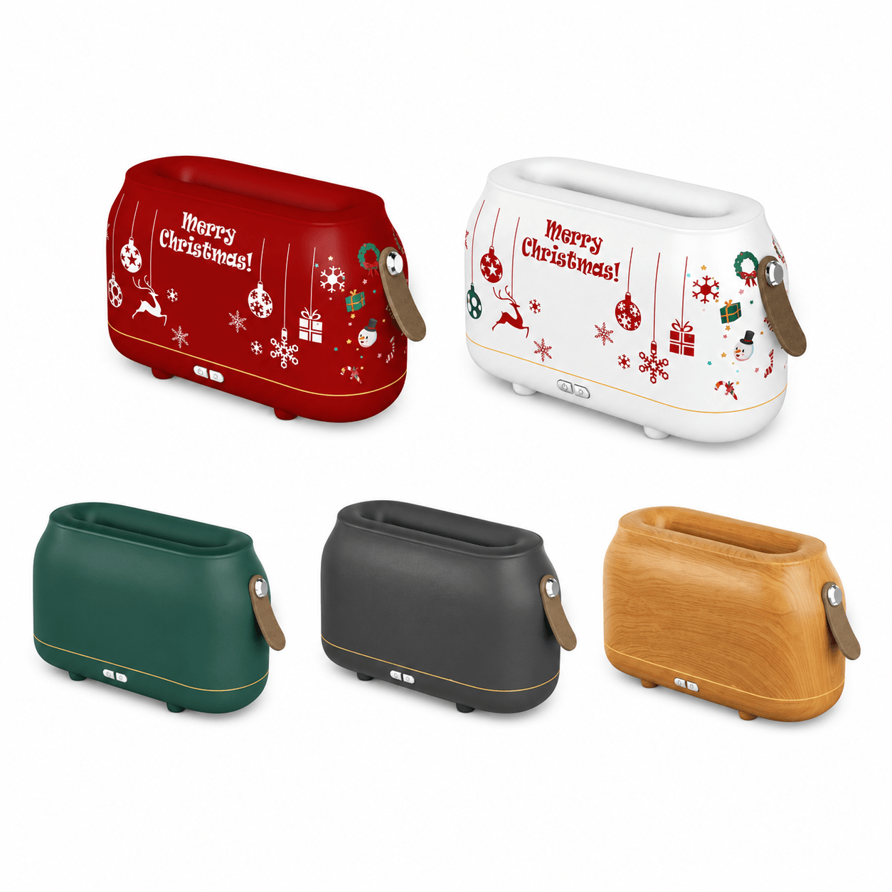 Flame aroma diffuser color options in Christmas red, Christmas white, green, grey, and wood grain.