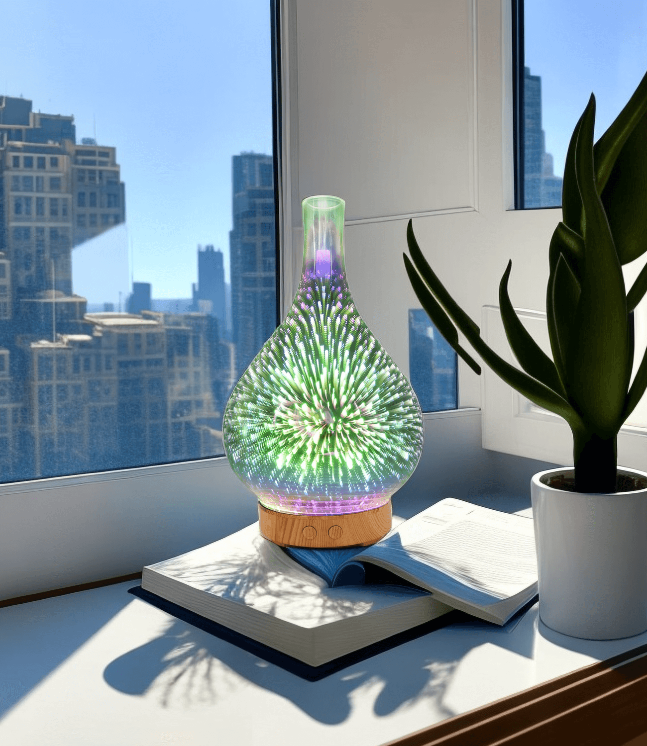 Green glass firework aroma diffuser with colorful ambient light by a sunny window