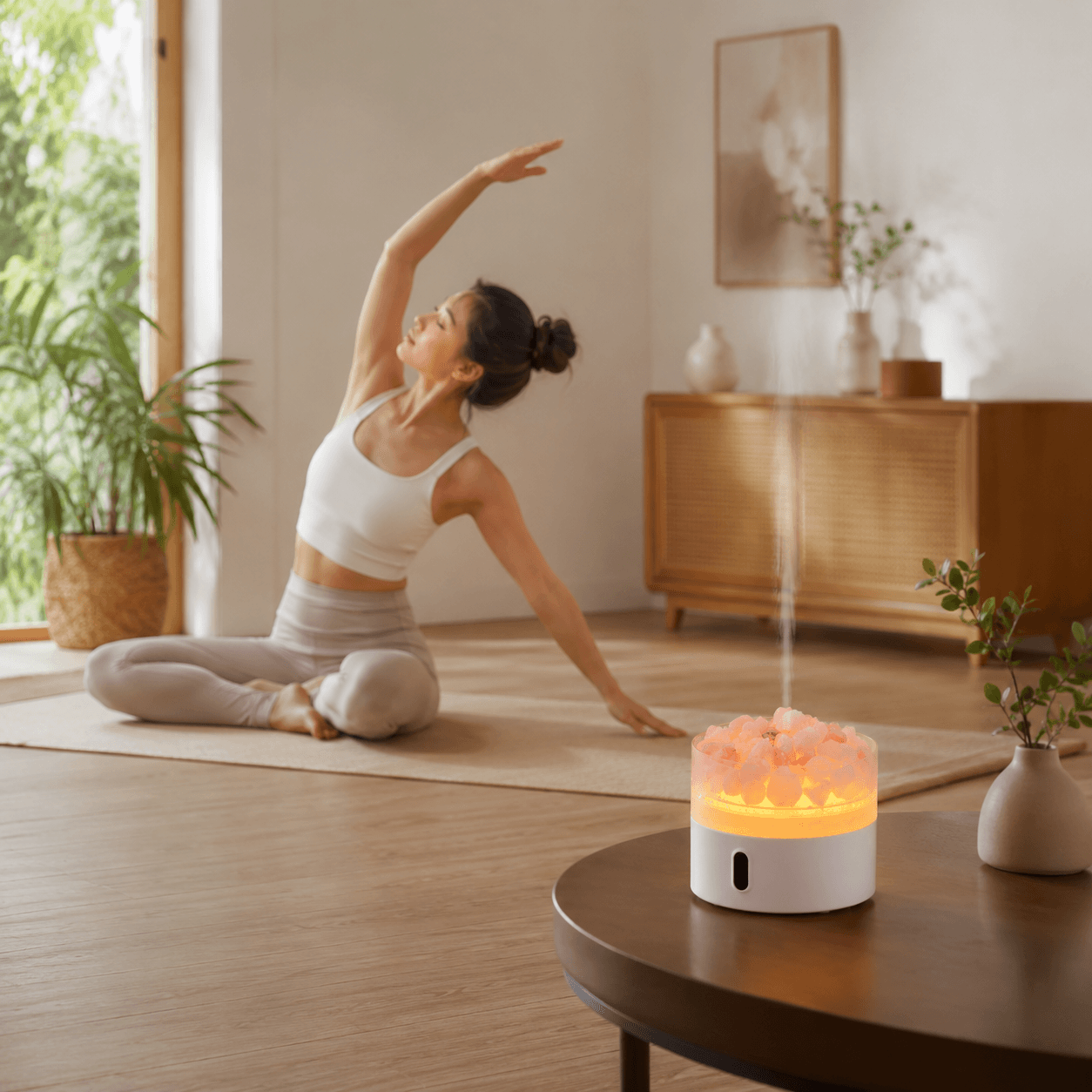 Salt stone aroma diffuser adding warm mist to a calm yoga room.