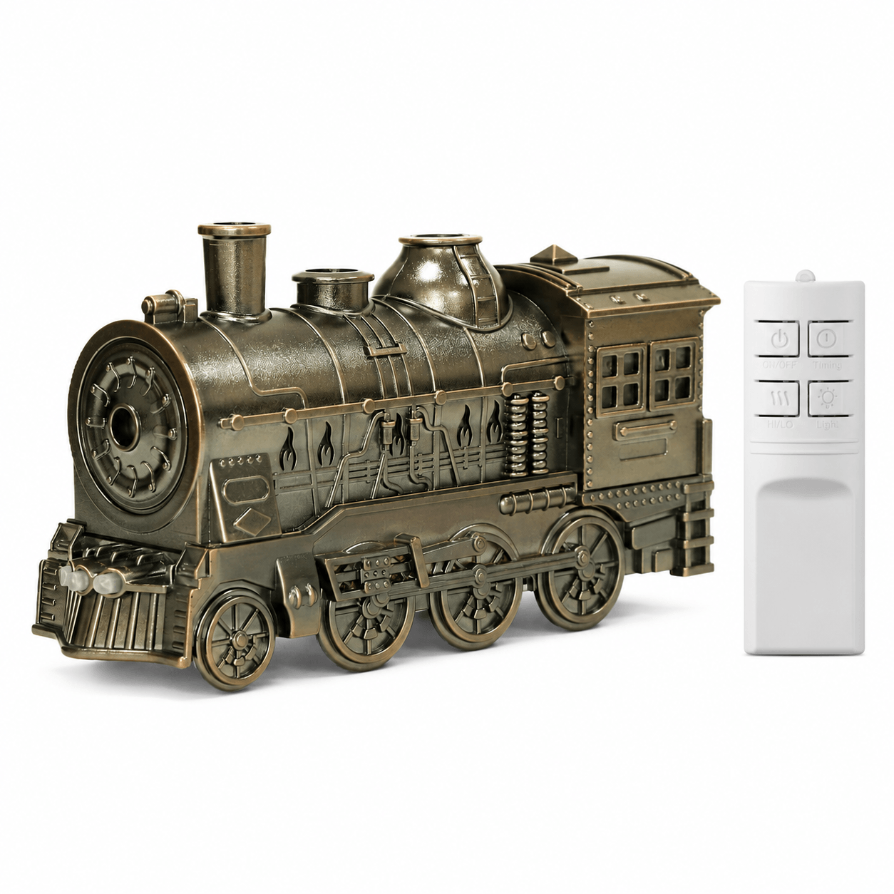 Vintage bronze train aroma diffuser with remote on a white background